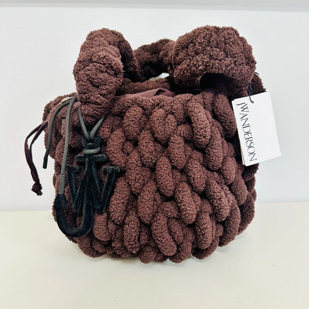 JW ANDERSON BROWN ANCHOR SOFT PLUSH TERRY WOVEN POPCORN HOBO BAG W POUCH $540
